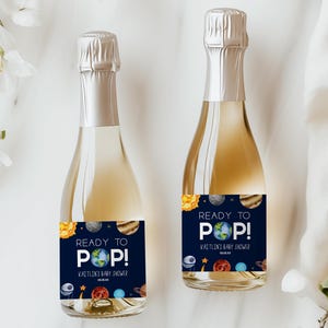 May include: Two miniature champagne bottles with labels that read "Ready to Pop!" and "Kaitlin's Baby Shower" with a space theme. The labels feature planets, stars, and a rocket ship.
