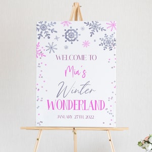 Birthday Party Welcome Sign | Winter Wonderland Pink Snowflake Themed