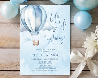 Up, Up, and Away! Blue Hot Air Balloon Baby Shower Invitation | Editable Watercolor Blue Baby Shower Invite A29