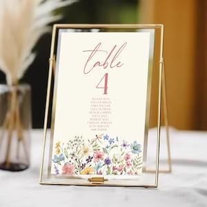 Wildblumen Hochzeit Tischnummer mit Namen Vorlage |  Druckbare Tischnummer Zeichen | Wilde Blumen Blumen Tischnummer Karte bearbeitbar B19 B25