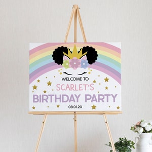May include: A welcome sign for a birthday party with a rainbow background and a cartoon unicorn with a crown and flowers. The sign says "Welcome to Scarlet's Birthday Party 08.01.20".