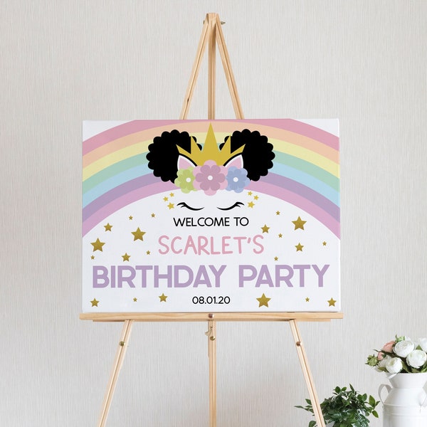 Cartel de bienvenida de la fiesta de cumpleaños / Afro Puff Unicorn and Rainbows Themed