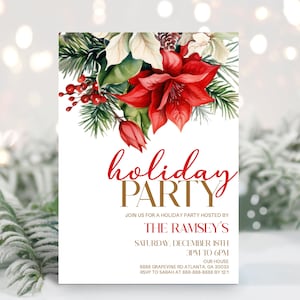 Floral Flowers Christmas Holiday Party Invitation | Editable Invite | Holly Leaves Poinsettias Pine Cone Tree Green Red Brown