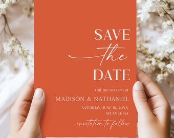 Modern Elegant Verona Sunset Wedding Save The Date Card | Warm Orange Minimalist Editable C71