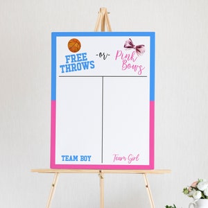 Puede incluir: Un cartel de fiesta de revelación de género con fondo azul y rosa. El cartel tiene un balón de baloncesto y un lazo rosa en él. El texto en el cartel dice "Free Throws - or - Pink Bows". El cartel también tiene el texto "Team Boy" y "Team Girl" en él.