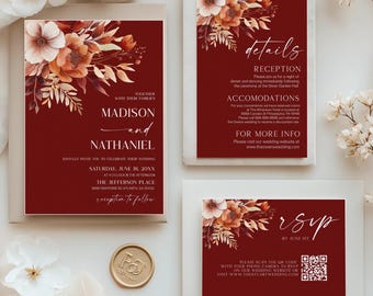 Paquete de invitaciones de boda florales en acuarela color burdeos rojizo y marrón / Tarjeta de confirmación de asistencia con detalles de arreglo floral rojo C72