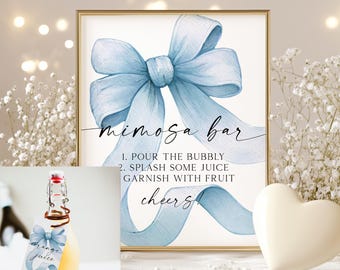 Blue Bow Mimosa Bar Sign and Juice Tag Label, Elegant Dusty Blue Bow Mimosa Bar Sign, Bridal Shower, Something Blue Before I Do C18