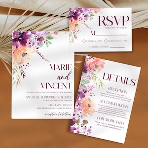 Violet Aquarell Hochzeitseinladung Set | Bearbeitbares lila Blumen-Hochzeitseinladungs-Bündel mit Antwortkarte und Antwort- und Detailkarten, A3