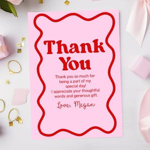 Carte de remerciement de fête d'anniversaire dessinée à la main | Carte de remerciement modifiable pour fête d'anniversaire rose rouge B67