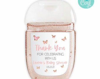Edytowalna etykieta na butelkę z płynem do dezynfekcji rąk Baby Shower | Etykiety na butelkę z płynem do dezynfekcji rąk Pink Butterfly Baby Shower dla Bath & Body Works Pocketbac Bottle