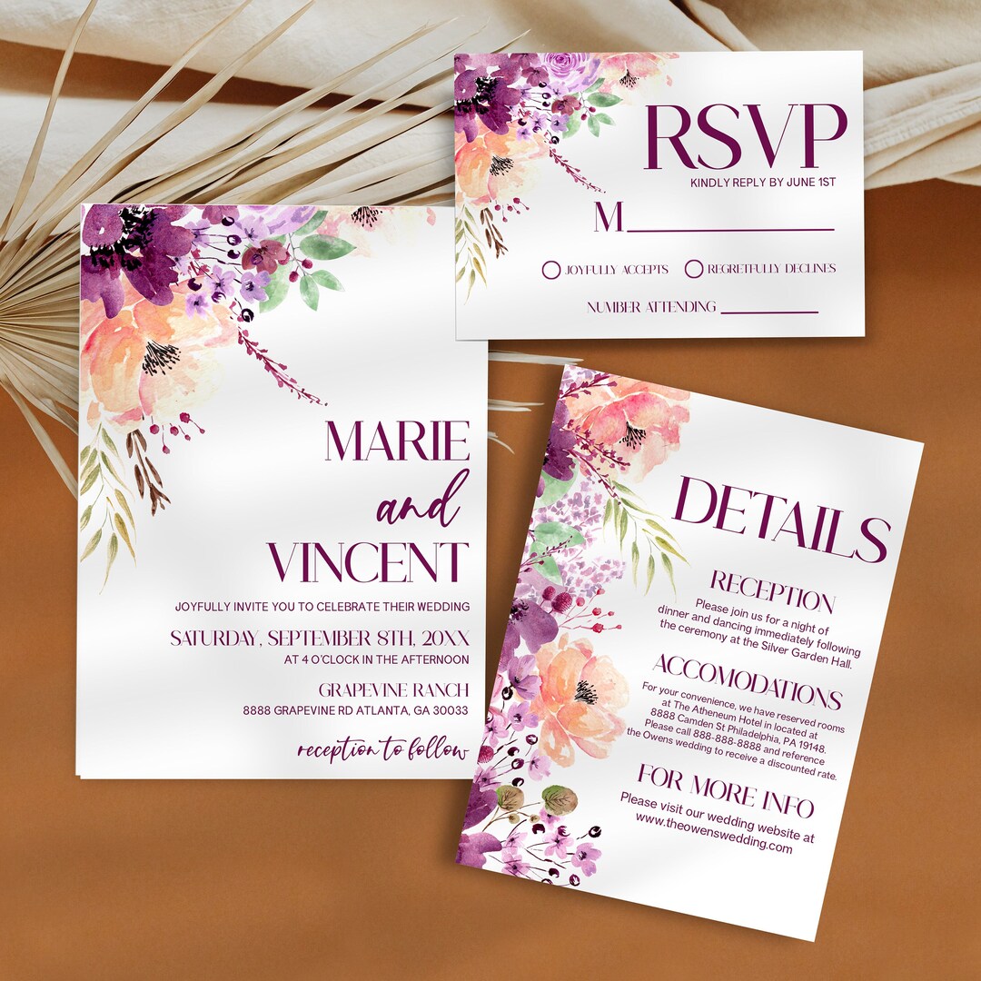 Violet Watercolor Wedding Invitation Suite | Editable Purple Flowers ...