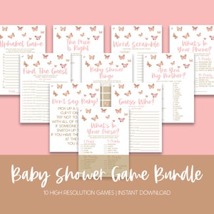 Pink Butterfly Themed Baby Shower Game Pack, Printable Baby Shower Games, Games for Baby Shower, Baby Shower Games Package