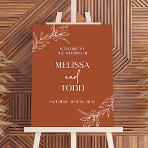 Panneau de bienvenue minimaliste pour mariage avec feuilles et branches | Chevalet de mariage simple minimal uni marron terracotta, carton mousse | Modifiable