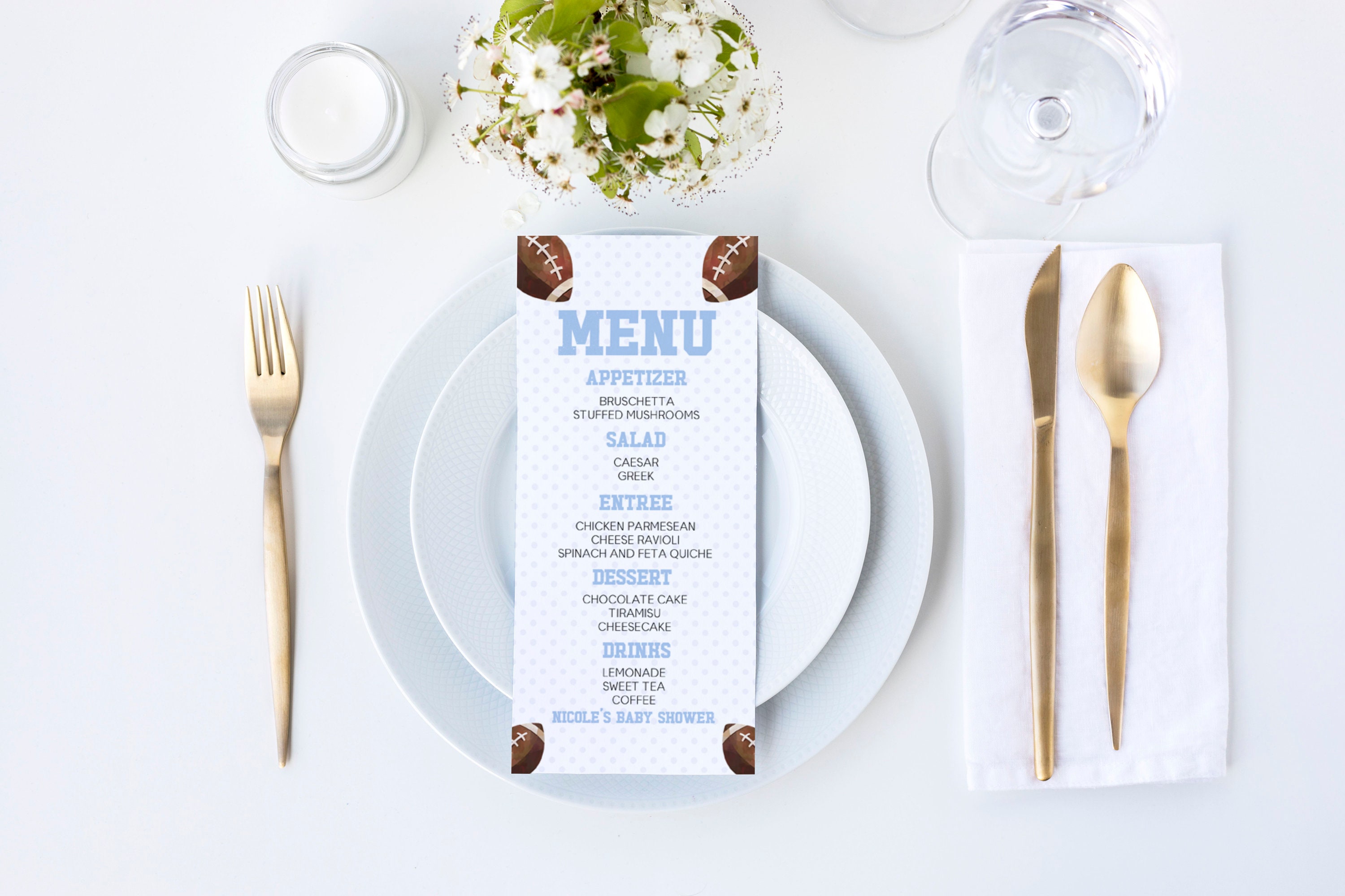 Editable Baby Shower Menu | Football Themed | Sports | Blue Polka Dots | It's A Boy! A25