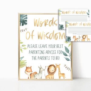 Op de afbeelding: Een ingelijst bord met gouden letters met de tekst "Words of Wisdom". Daaronder staat de tekst: "PLEASE LEAVE YOUR BEST PARENTING ADVICE FOR THE PARENTS TO BE!" De onderkant toont aquarel illustraties van een tijger, zebra, leeuw en giraffe. Twee kleinere kaarten zijn ook zichtbaar.