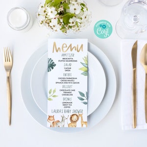 Edytowalne menu na baby shower | Motyw safari