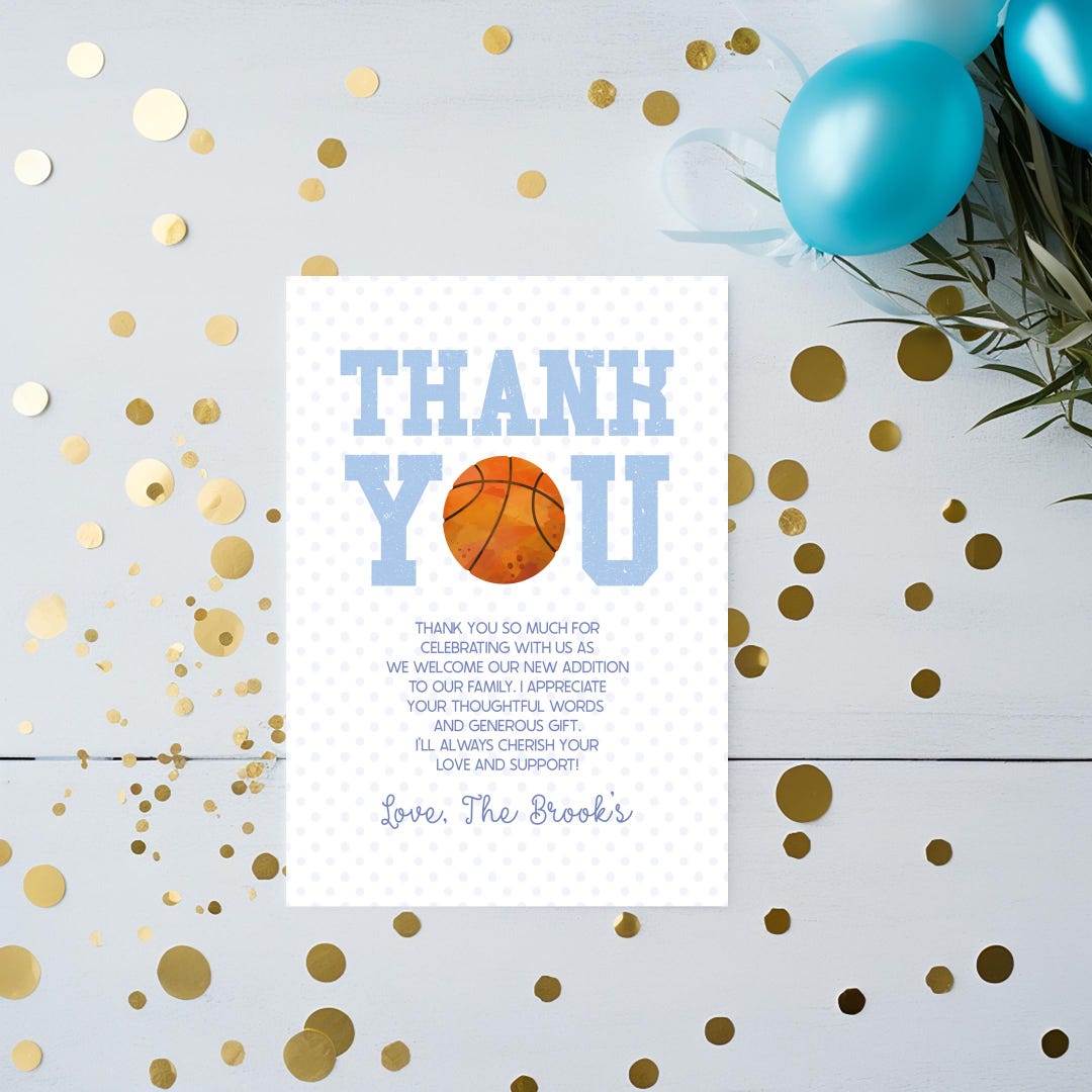 Editable Basketball Themed Baby Shower Thank You Card, Blue Sports ...