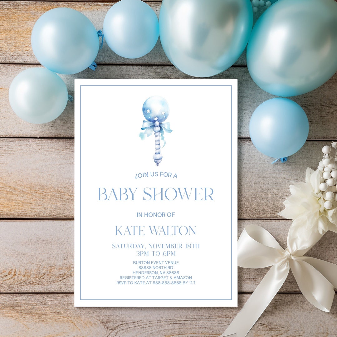 Blue Vintage Toy Baby Rattle Baby Shower Invitation | Editable ...