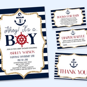Ensemble d'invitations de douche de bébé nautique avec carte de tombola à couches, livres pour carte de bébé, carte de remerciement pliable | Bateau d'ancre bleu marine modifiable