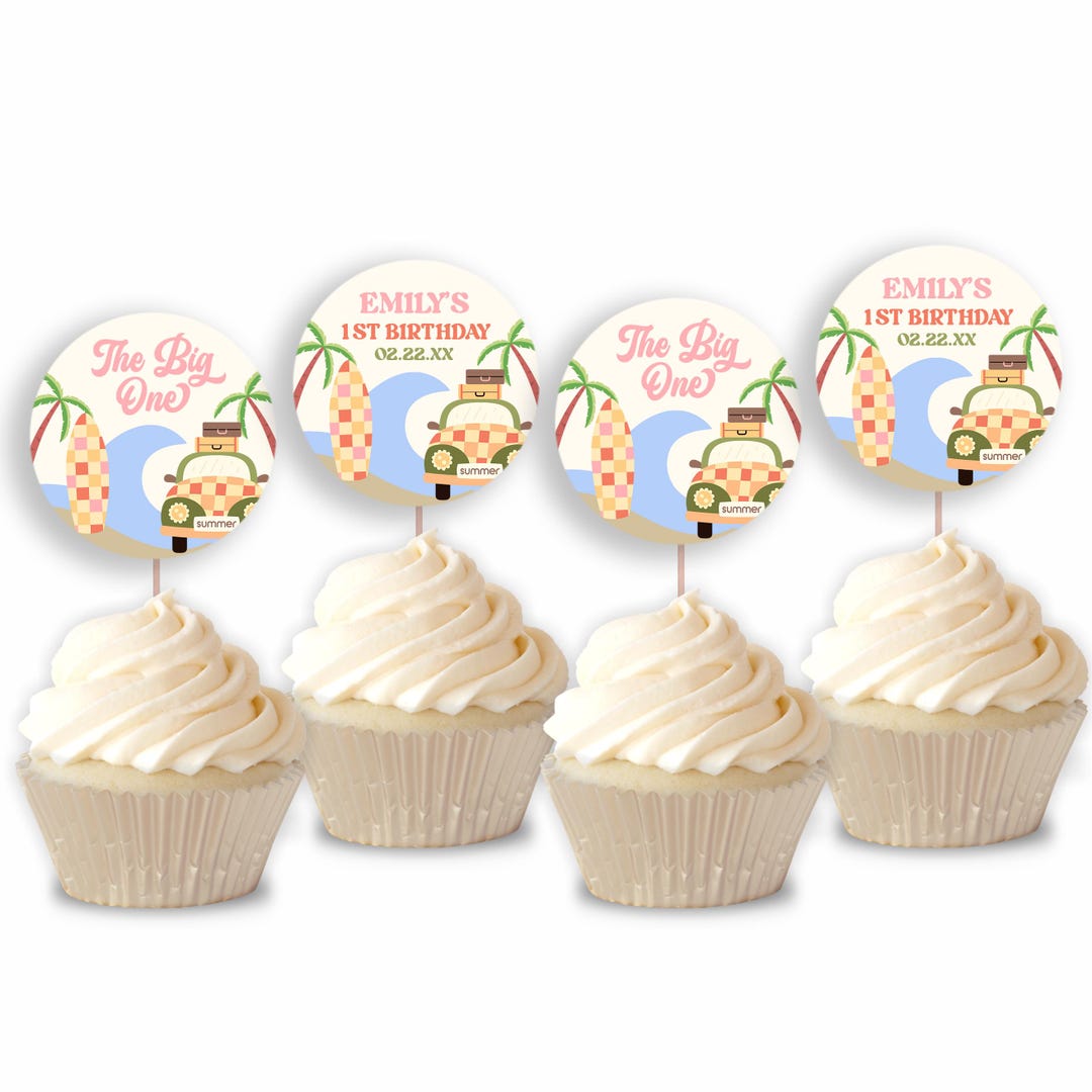 The Big One Retro Surf Board First Birthday Editable Cupcake Topper ...