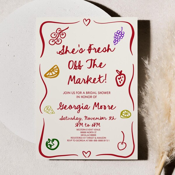 ¡Recién salida del mercado! Invitación de despedida de soltera con un toque caprichoso dibujado a mano / Invitación editable en rojo, burdeos y beige para despedida de soltera en el mercado de agricultores.