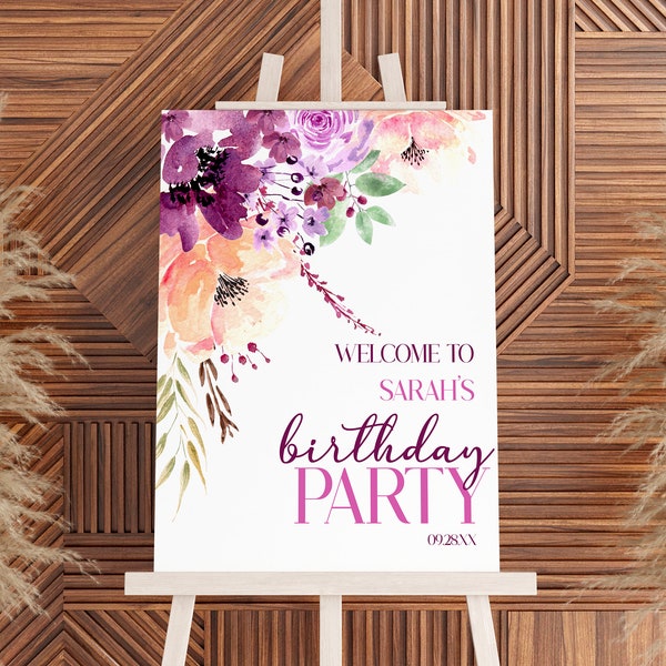 Birthday Party Welcome Sign | Editable Template Easel Sign Poster Foam Board | Burgundy Violet Purple Mauve Watercolor Floral Flowers