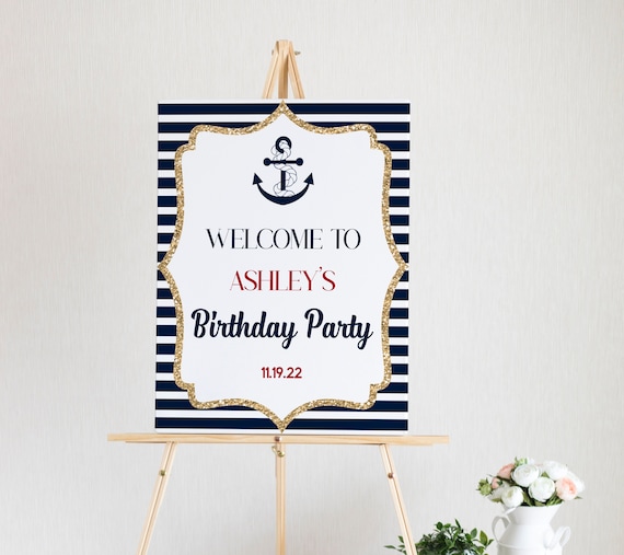 Birthday Party Welcome Sign Nautical Themed B-day Welcome Sign Navy Blue  Anchor Boat Themed Bday Welcome Sign 