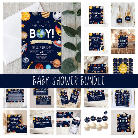 Houston We Have A Boy Baby Shower Invitation Bundle Outer Space Galaxy  Invite Set Collection Games Decorations Activities C14