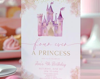 Puede incluir: Una ilustración de un castillo rosa y morado con detalles de purpurina dorada sobre un fondo blanco. El texto dice "four ever a princess" y "Ava's 4th Birthday". La invitación incluye la fecha, la hora y el lugar de la fiesta.