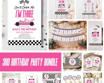 May include: A pink and black race car themed 3rd birthday party bundle. The bundle includes invitations, thank you cards, a banner, cupcake toppers, water bottle labels, and a time capsule printable. The text on the invitation reads "Can't Catch Me I'm Three".