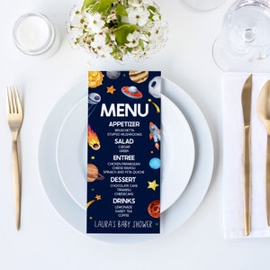 Menu modificabile per baby shower / Spazio galassia a tema / Houston, We Have A Boy! / Astronave del razzo dello spazio cosmico