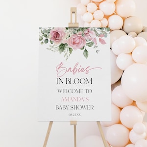 Letrero de bienvenida para baby shower de gemelos "Babies In Bloom" / Póster de caballete editable para baby shower de gemelos, tablero de espuma / Flores florales rosas y verdes B29