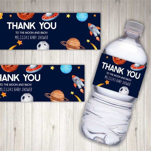 Editable Outer Space Galaxy Themed Water Bottle Label | Baby Shower Favor Bottle Labels | Rocket Ship Spaceship Houston We Have A Boy