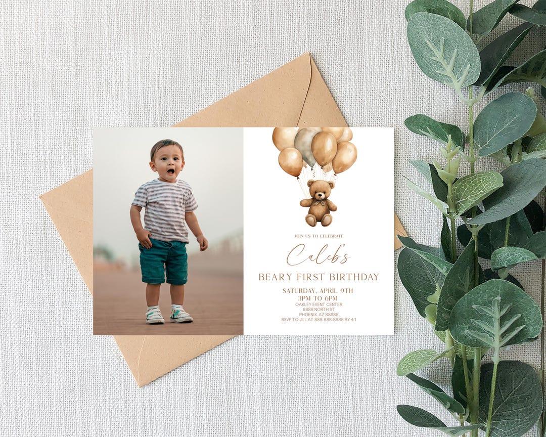 Boho Teddy Bear Beary First Birthday Party Invitation | Custom Picture ...