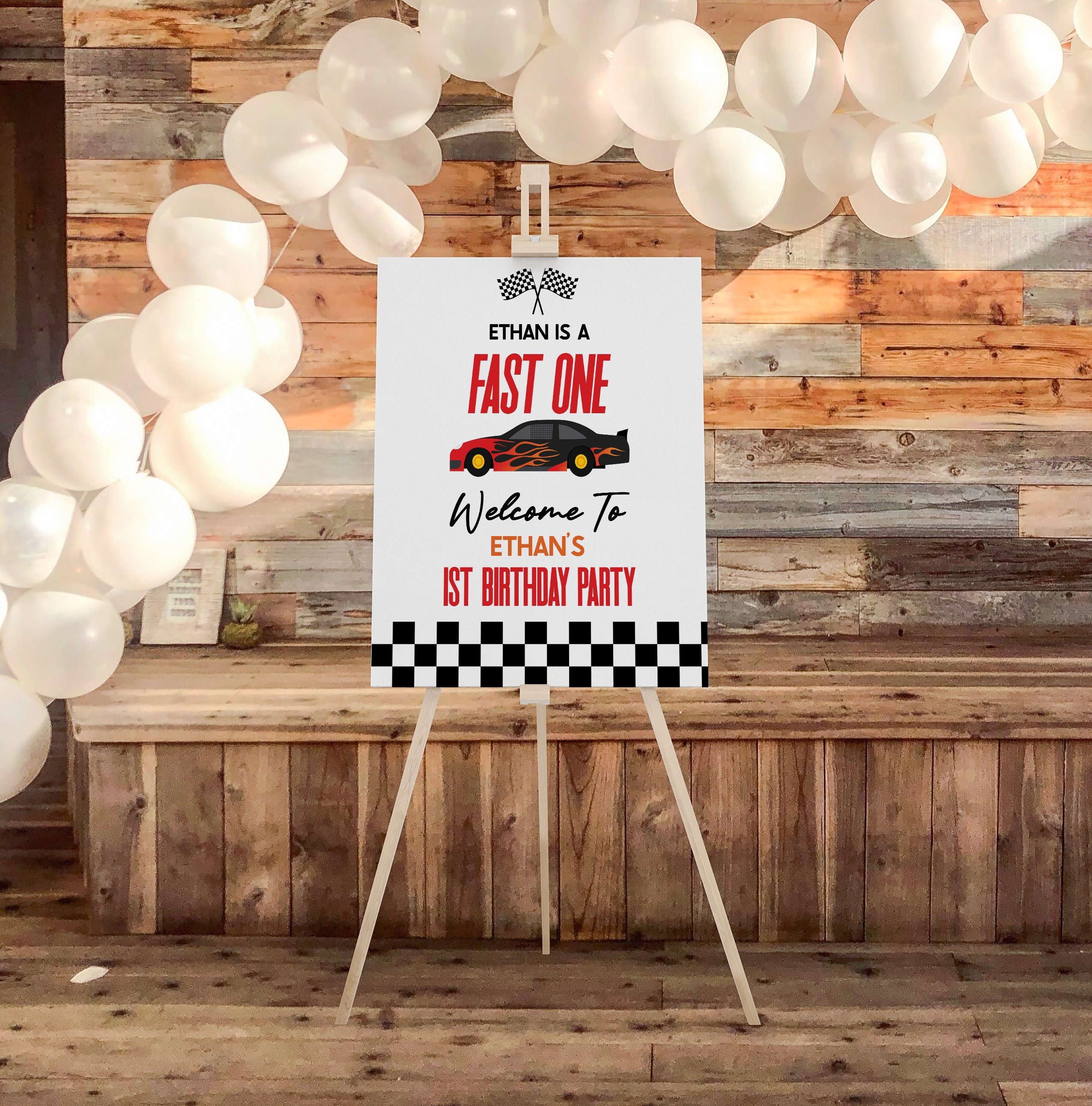 Fast One 1st Birthday Party Welcome Sign | Race Car First B-Day Welcome Sign | Red Flame Race Car Easel Poster Foam Board Sign A4