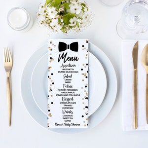 Bearbeitbares Baby Shower Menü | Fliege Kleiner Mann Gentleman Theme | Schwarz Weiß und Gold