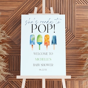 Elle est prête à éclater ! Panneau de bienvenue pour baby shower de Popsicle | Poster en mousse pour chevalet modifiable | Sucettes glacées bleu vert orange modernes et élégantes