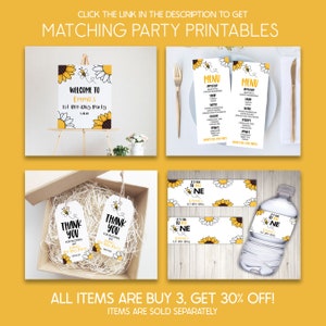 K&ouml;nnte beinhalten: Ein Set mit druckbaren Partydekorationen im Bienen- und Sonnenblumen-Design. Das Set beinhaltet ein Willkommens-Schild, Speisekarten, Dankesch&ouml;n-Etiketten, Wasserflaschen-Etiketten und ein Banner. Der Text auf dem Willkommens-Schild lautet "Willkommen zu Emmas 1. Bienen-Geburtstagsfeier". Der Text auf den Speisekarten lautet "Speisekarte". Der Text auf den Dankesch&ouml;n-Etiketten lautet "Vielen Dank f&uuml;rs Vorbeikommen! Emmas 1. Bienen-Geburtstagsfeier". Der Text auf den Wasserflaschen-Etiketten lautet "Es macht Spa&szlig;, ein Jahr alt zu sein! Emmas 1. Bienen-Geburtstagsfeier". Der Text auf dem Banner lautet "Es macht Spa&szlig;, ein Jahr alt zu sein! Emmas 1. Bienen-Geburtstagsfeier".