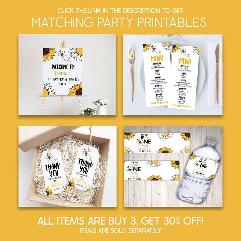 K&ouml;nnte beinhalten: Ein Set mit druckbaren Partydekorationen im Bienen- und Sonnenblumen-Design. Das Set beinhaltet ein Willkommens-Schild, Speisekarten, Dankesch&ouml;n-Etiketten, Wasserflaschen-Etiketten und ein Banner. Der Text auf dem Willkommens-Schild lautet "Willkommen zu Emmas 1. Bienen-Geburtstagsfeier". Der Text auf den Speisekarten lautet "Speisekarte". Der Text auf den Dankesch&ouml;n-Etiketten lautet "Vielen Dank f&uuml;rs Vorbeikommen! Emmas 1. Bienen-Geburtstagsfeier". Der Text auf den Wasserflaschen-Etiketten lautet "Es macht Spa&szlig;, ein Jahr alt zu sein! Emmas 1. Bienen-Geburtstagsfeier". Der Text auf dem Banner lautet "Es macht Spa&szlig;, ein Jahr alt zu sein! Emmas 1. Bienen-Geburtstagsfeier".