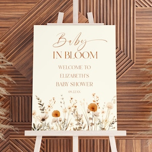 Letrero de bienvenida para baby shower "Bebé en flor" / Póster de caballete editable para baby shower, tablero de espuma / Flores silvestres bohemias marrones B69