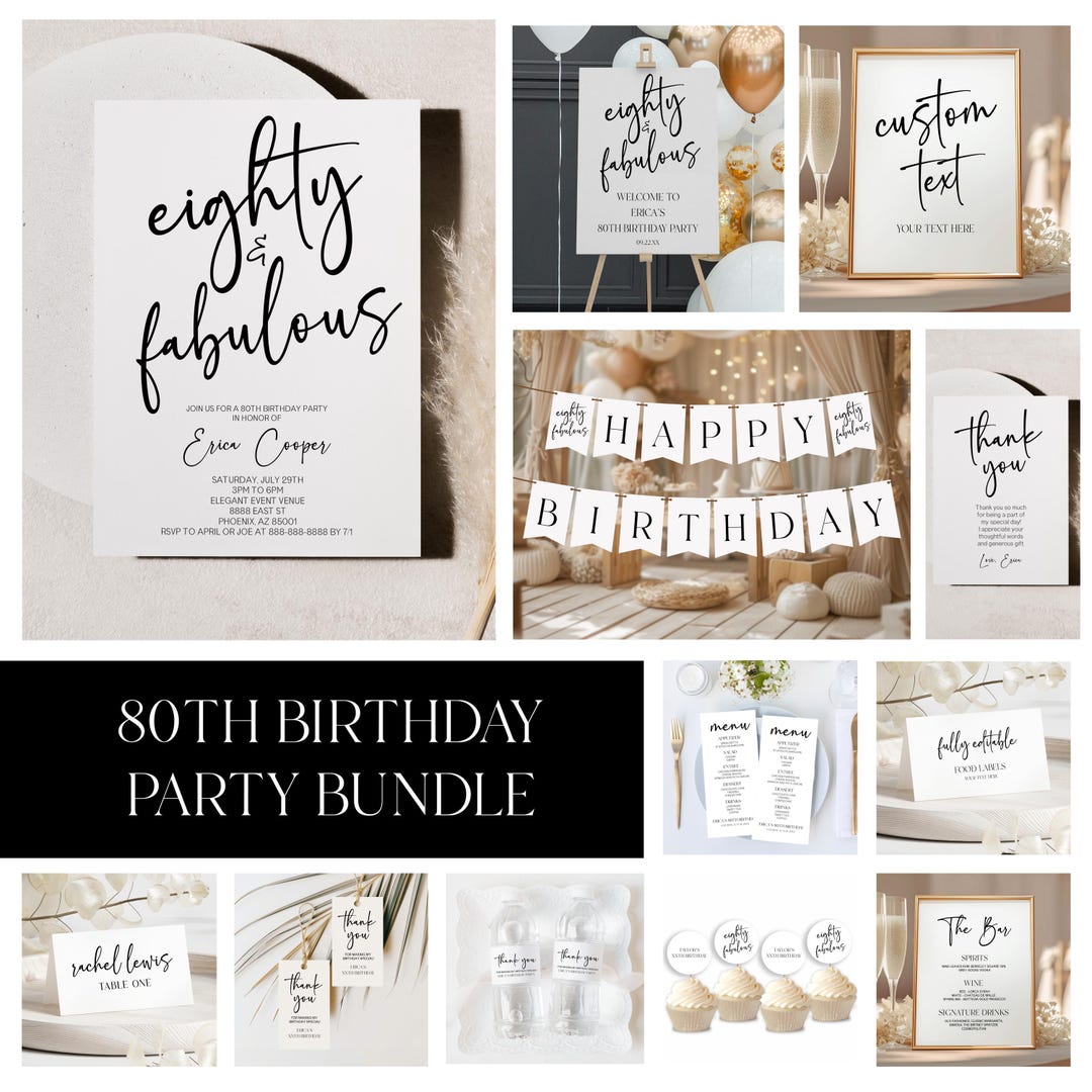Eighty & Fabulous 80th Birthday Party Invitation Bundle | Elegant ...