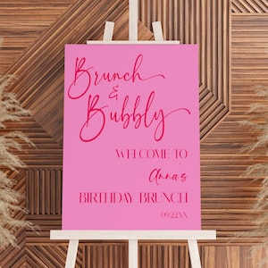 Panneau de bienvenue pour brunch et brunch d'anniversaire pétillant | Brunch d'anniversaire rose fuchsia modifiable | Tableau en mousse pour affiches de chevalet