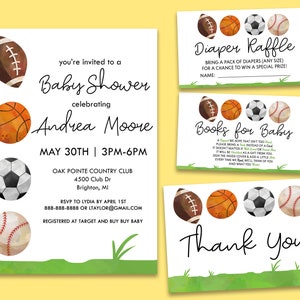 Sport-Babyparty-Einladungsbündel mit Windelverlosung, Büchern für Babys und faltbare Dankeskarten | Fußball Fußball Baseball Basketball