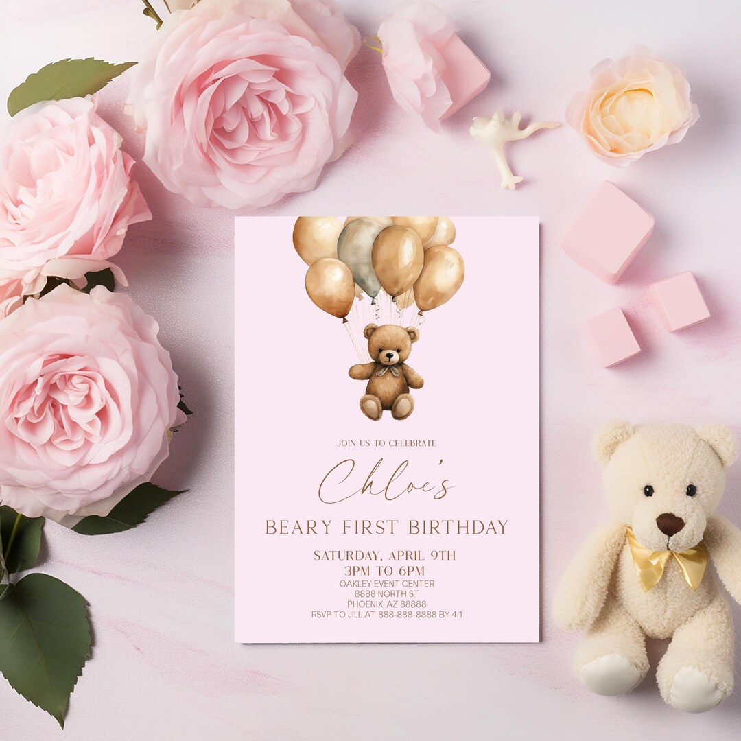 Boho Teddy Bear Beary First Birthday Party Invitation | Editable Pink ...