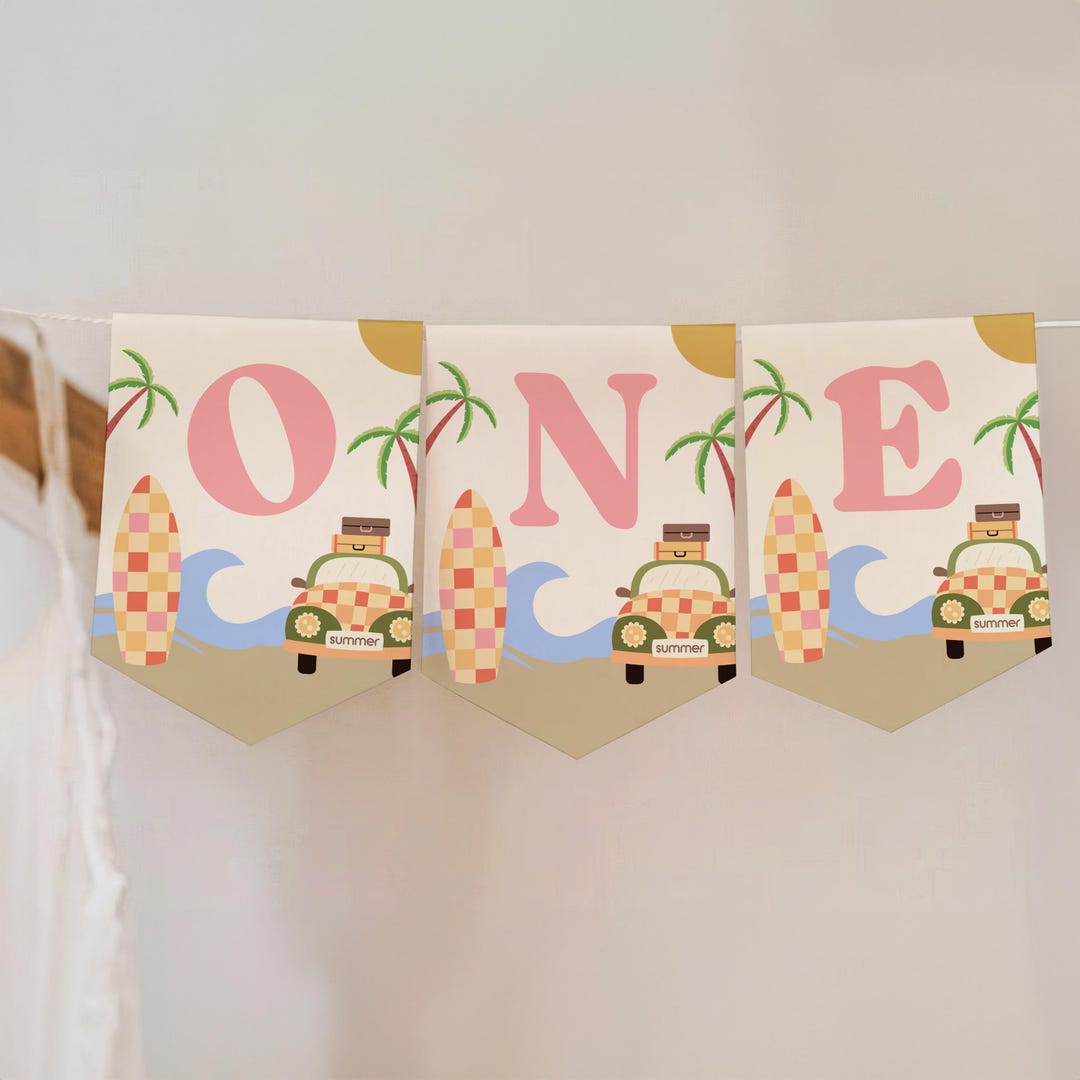 Editable Retro Surf Board Summer Beach Wave 1st Birthday Party High ...