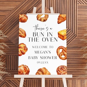 ¡Hay un bollo en el horno! Letrero de bienvenida para baby shower / Póster de caballete editable con pan, bollos, croissants y galletas, tablero de espuma minimalista B68
