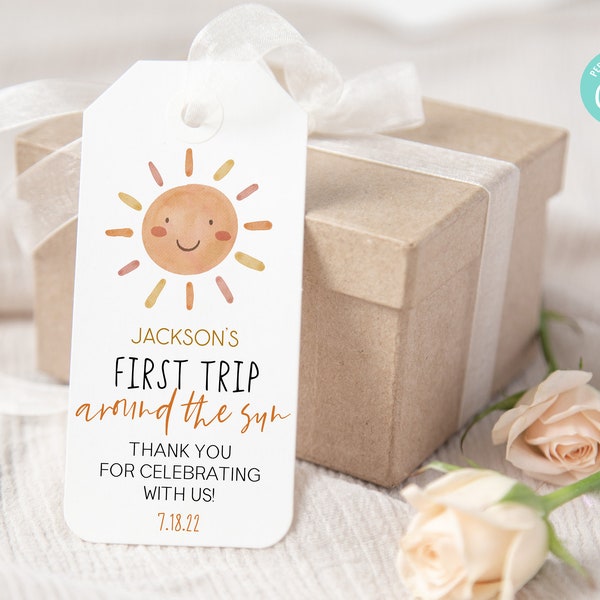 First Trip Around The Sun Themed Thank You Favor Tag For 1st Birthday Party | Printable B-Day Party Favor Tag | Yellow Orange Boho A59