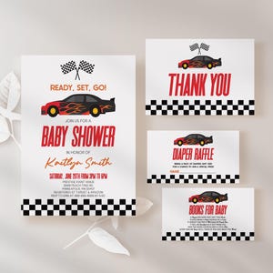 Bewerkbare rode raceauto babyshower uitnodiging suitebundel | Nodig luierloterijboeken uit voor babybedankkaart A6