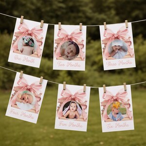 May include: A line of six baby milestone cards, each with a baby photo framed by a pink bow and book design. The cards are labelled "One Month" to "Six Months" and are attached to a string with wooden pegs.