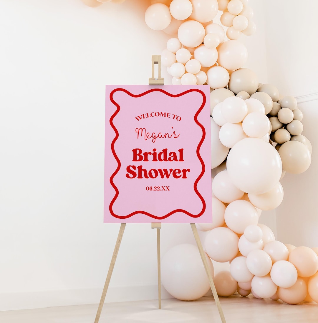 Hand Drawn Wavy Border Bridal Shower Welcome Sign | Editable Pink
